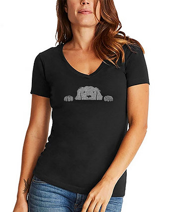 Женская футболка с v-образным вырезом и надписью Peeking Dog Word Art LA Pop Art