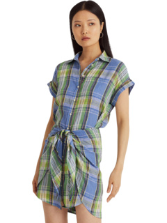 Льняное платье-рубашка в клетку Petite с завязками спереди Ralph Lauren