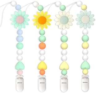 Silicone Pacifier Clip, 2 Pack Pacifier Holder for Boys and Girls, Adorable Sunflower Pacifier Clips Fits for Most Pacifier, Baby Teethers, Baby Shower and Baby Gift(White&Yellow) LSTRAGY