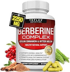 Berberine with Ceylon Cinnamon and Bitter Melon 2250mg - Premium Berberine HCl 97% purity Organic Ceylon Cinnamon & Bitter Melon, Berberine plus supplement, Healthy Immune System, Non-GMO 90 Capsules (Капсулы) Toplux