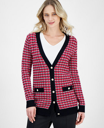 Women's Check Contrast-Trim V-Neck Cardigan T Tahari