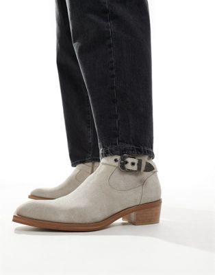 ASOS DESIGN cuban heel boots in stone suedette with western buckle and detail ASOS DESIGN