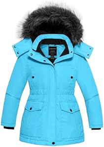 wantdo Girl's Winter Coat Warm Fleece Puffer Jacket Waterproof Parka with Faux Fur Hood Wantdo