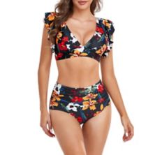 Two Piece Bikini Set For Women Ruffle Sleeve Swimsuits Floral Bathing Suit Swimwear With Bottom MISSKY