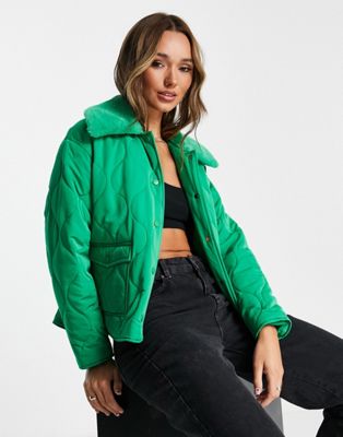 Annorlunda quilted jacket with faux fur collar in bright green Annorlunda