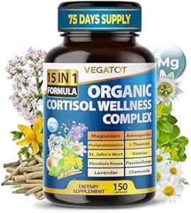 VEGATOT Organic Cortisol Wellness Complex 15-in-1 Formula with Magnesium Ashwagandha St. John's Wort Valerian Rhodiola Rosea Passionflower Chamomile VEGATOT