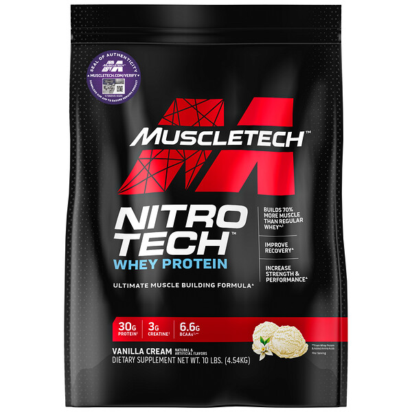 Performance Series, Nitro Tech, сывороточные пептиды и изолят для наращивания мышечной массы, со вкусом ванили, 10 фунтов (4,54 кг) Muscletech