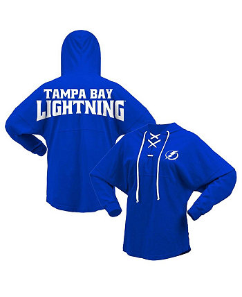 Женская синяя футболка с капюшоном из джерси Tampa Bay Lightning на шнуровке с v-образным вырезом и длинными рукавами Fanatics