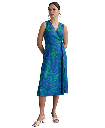 Women's Palm-Print Textured Wrap Midi Dress DKNY