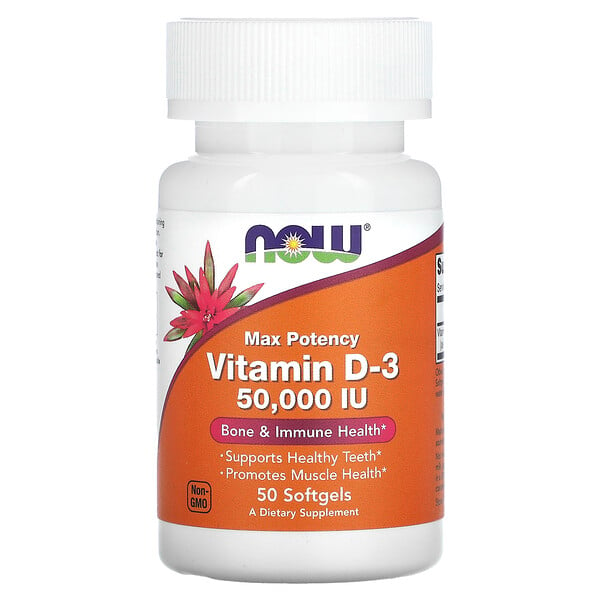 Витамин D-3, Максимальная сила, 50,000 МЕ, 50 капсул - NOW Foods NOW Foods