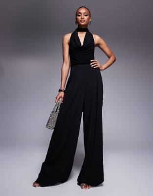 ASOS DESIGN Tall cowl fabric mix wide leg jumpsuit with tie neck in black ASOS Tall