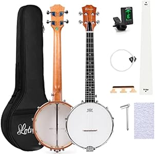 Banjolele, Sapele Travel Banjolele 26 Inch 4 String Lotmusic Remo Drumhead Open Back with Beginner Kit Extra String Allen Wrench Tuner Sandpaper Ruler and Bag Lotmusic