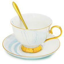 Подарочный набор из трех чашек из синего мрамора и блюдца на 1, 7 унций чайной чашки с золотой ложкой Juvale