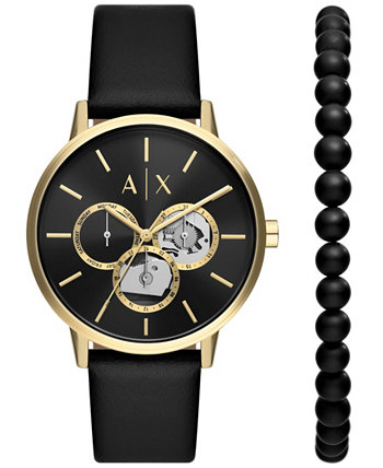 Мужские многофункциональные часы с черным кожаным ремешком, 42 мм и браслет из черного оникса с бусинами Armani
