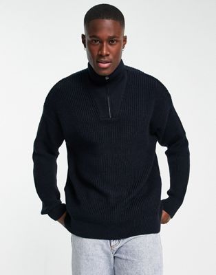 Темно-синий свитер в рубчик с воротником-воронкой и молнией 1/4 New Look New Look