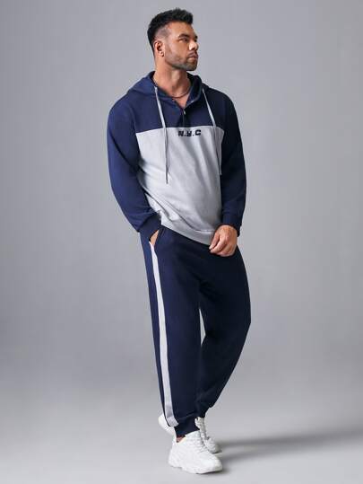 Extended Sizes для мужчины Спортивные брюки & худи с пуговицами с текстовым принтом двухцветный SHEIN