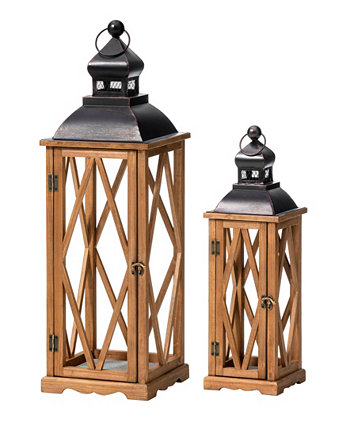 Set of 2 Farmhouse Diamond Wood/ Metal Antique Lanterns, 9"L X 9"W X 28.75"H Glitzhome