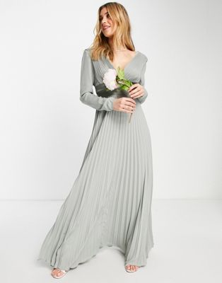 Оливковое платье макси со складками и длинными рукавами и атласной запахом на талии ASOS DESIGN Bridesmaid ASOS DESIGN