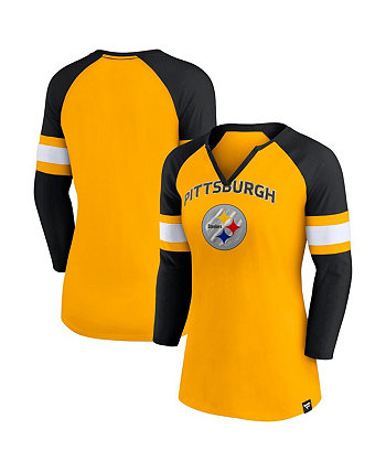 Женская золотисто-черная футболка Pittsburgh Steelers Arch реглан с вырезом в горловине и рукавами 3/4 Fanatics