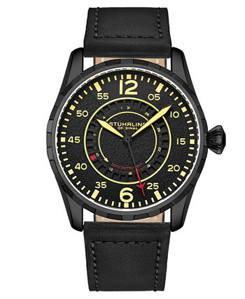 Мужские кварцевые часы с черным ремешком из натуральной кожи 44 мм Stuhrling