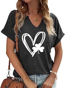 St Patricks Day V Neck Shirts for Women Lucky Irish Shamrock Clover Graphic Shirt Casual Short Sleeve T Shirt Tops PUCKOLITY