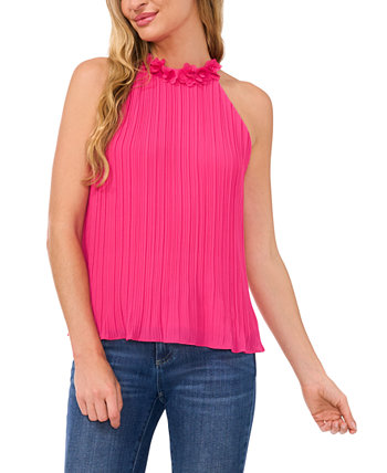 Women's Pleated Halter Neck Top with Floral Collar CeCe