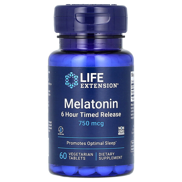 Мелатонин, Высвобождение в течение 6 часов - 750 мкг - 60 вегетарианских таблеток - Life Extension Life Extension
