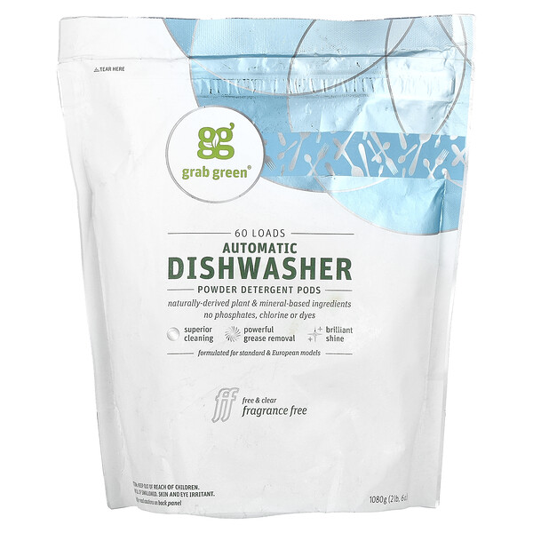 Автоматическое моющее средство для мытья посуды в капсулах, без запаха, 60 загрузок, 2 фунта 6 унций (1080 г) Grab Green