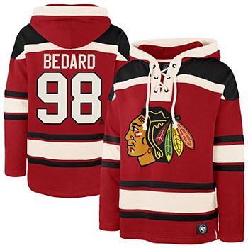 Men's '47 Connor Bedard Red Chicago Blackhawks Player Name & Number Lacer Pullover Hoodie 47 Brand