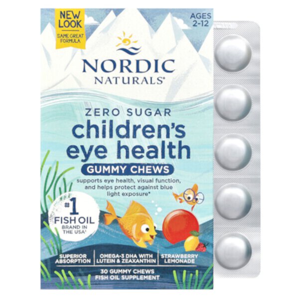 Детские жевательные конфеты для здоровья глаз, без сахара, для детей от 2 до 12 лет, клубничный лимонад, 30 жевательных конфет Nordic Naturals