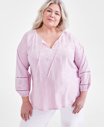 Plus Size Embroidered Eyelet-Trim Top, Created for Macy's Style & Co