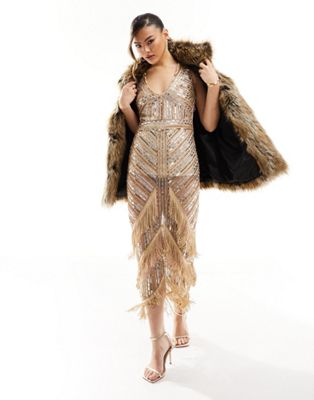 Starlet premium embellished sequin midi dress with cross back and tassel detail in gold  Starlet