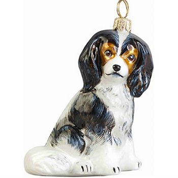 Joy To The World Sitting Tri Color Cavalier King Charles Spaniel Polish Glass Christmas Ornament Pinnacle Peak Trading Company