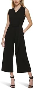 Calvin Klein womens V-neck Jumpsuit With Ruffle Trim Calvin Klein