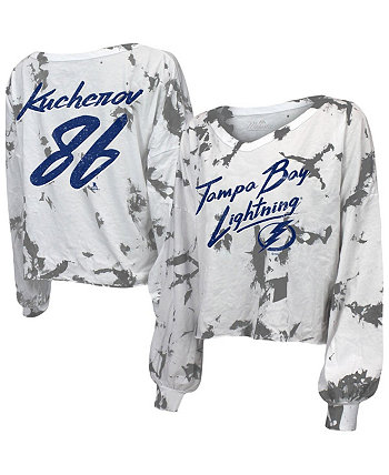 Женские нитки Никита Кучеров Бело-серая футболка Tampa Bay Lightning Tie Dye Имя и номер с V-образным вырезом Majestic
