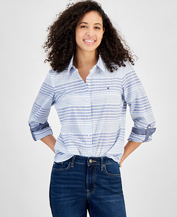 Women's Beach Stripe Cotton Roll-Tab Shirt Tommy Hilfiger