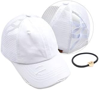 C.C Exclusives Washed Distressed Cotton Denim Criss-Cross Ponytail Hat Baseball Cap Bundle Hair Tie (BT-780) C.C