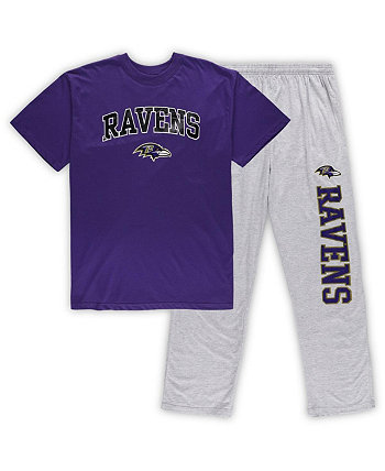 Мужской комплект для сна из футболки и брюк Baltimore Ravens Big and Tall фиолетового, серо-песочного цвета Concepts Sport