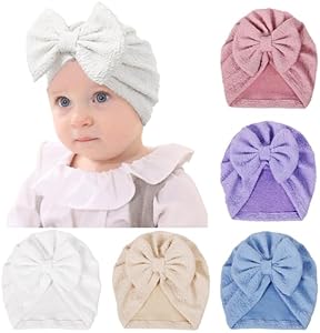 Happy Cherry Newborn Hats with Bow Solid Color Baby Turban Breathable Infant Cap Toddler Cute Headwear Girls 0-2 Years 5 Pack Happy Cherry