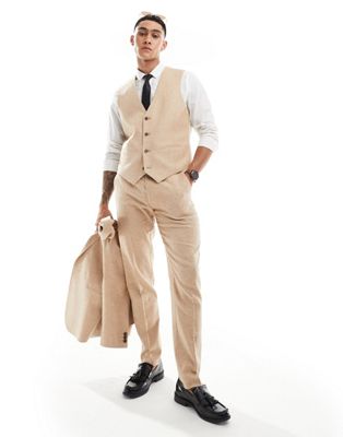 ASOS DESIGN slim herringbone suit pants with linen in stone ASOS DESIGN