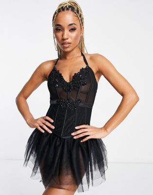 Ann Summers Elvira guipure lace and sheer mesh corset top in black Ann Summers