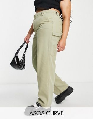 Минималистичные брюки карго цвета хаки с контрастной строчкой ASOS DESIGN Curve ASOS Curve