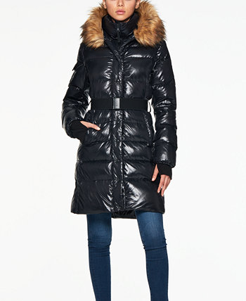 Women's Chalet Belted Faux-Fur-Trim Hooded Puffer Coat S13