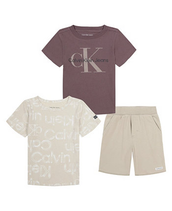 Футболки с логотипом 2 для мальчиков и шорты из французской махровой ткани, комплект из 3 предметов Calvin Klein