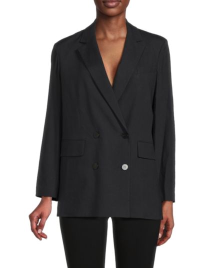 Piazza Linen Blend Double Breasted Blazer Theory