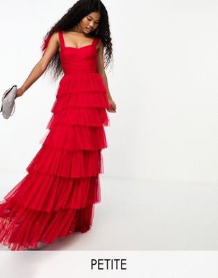 Красное платье макси с бантом на плечах и рюшами Lace & Beads Petite LACE & BEADS