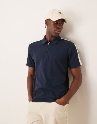 ASOS DESIGN muscle fit rib color block zip polo shirt in navy ASOS DESIGN