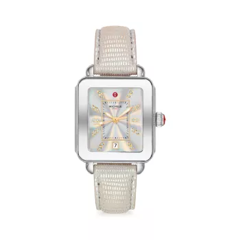 Deco Sport Stainless Steel, Topaz &amp; Iridescent Textured Leather Strap Watch Michele