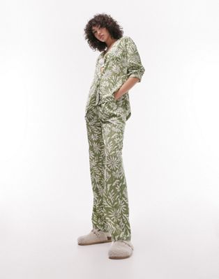 Topshop Tall block floral print shirt and pants pajama set in green Topshop Tall