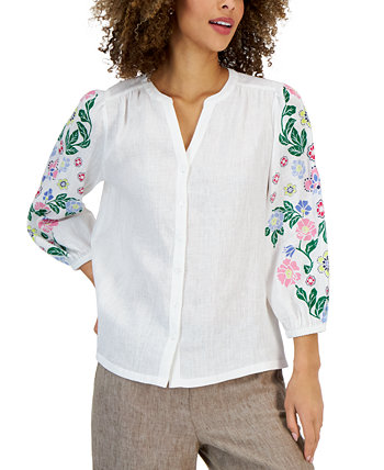 Миниатюрная льняная блуза с рукавами с принтом, созданная для Macy's Charter Club